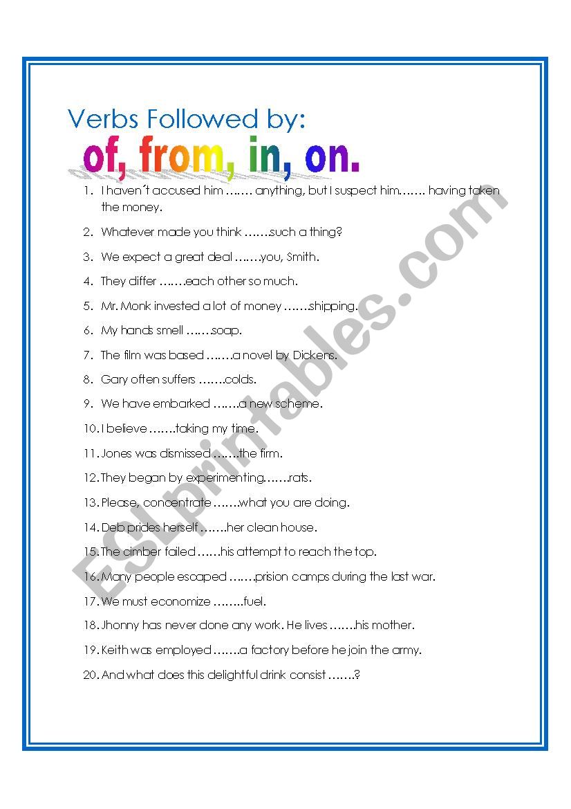 Verbs followed by of, from, in,on.