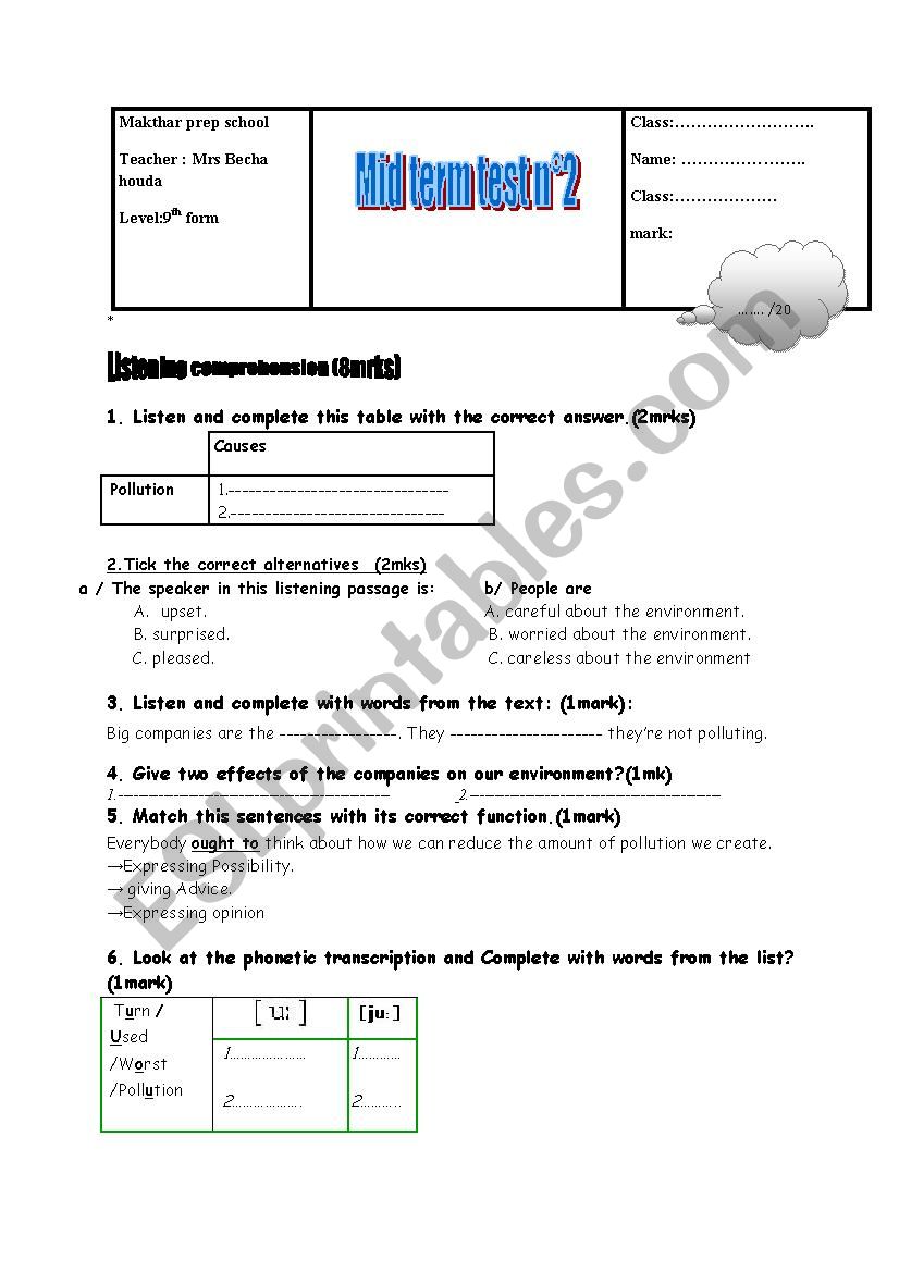 mid term test n 2 9th form worksheet