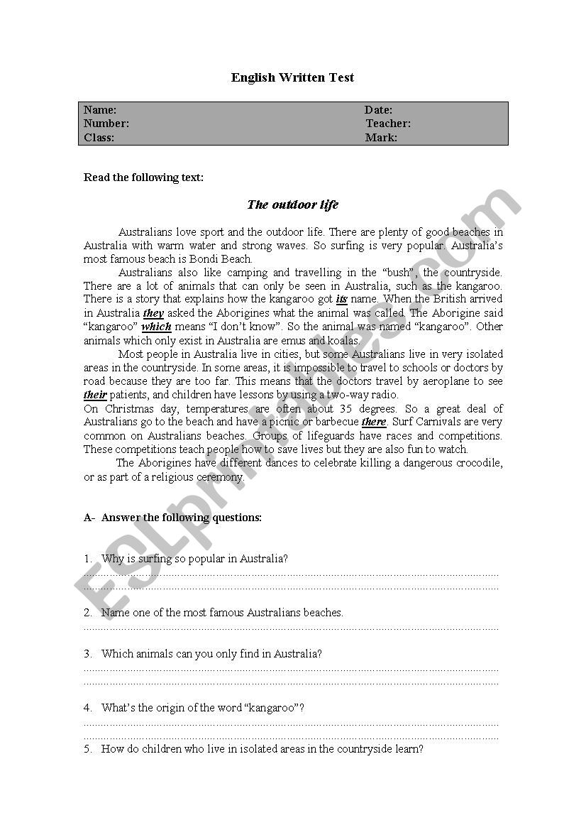 english written test  worksheet