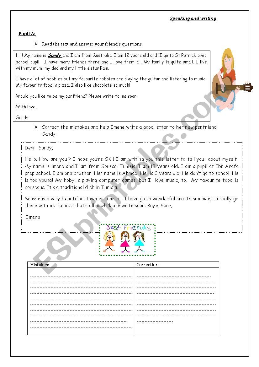 a letter to a penfriend  worksheet