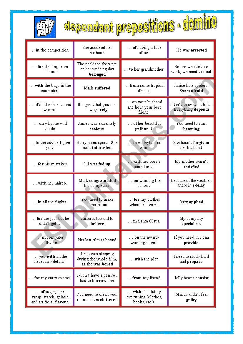 dependant prepositions worksheet