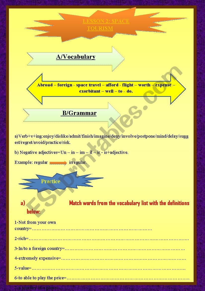 SPACE TOURISM worksheet