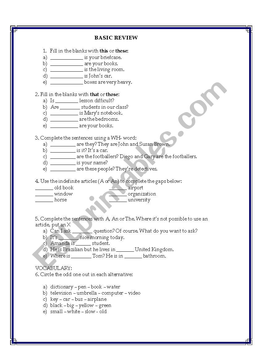 Simple review for beginners worksheet