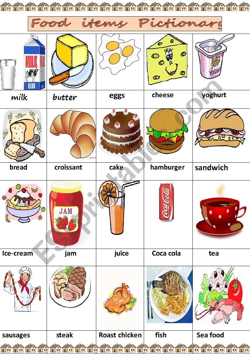 food items pictionary worksheet