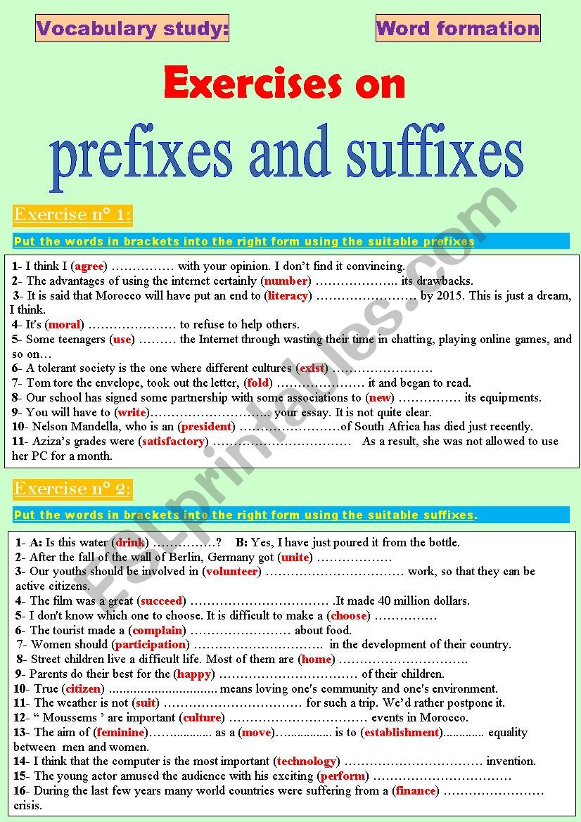 prefixes & suffixes practice: Two interesting exercises + key Intended For Prefixes And Suffixes Worksheet