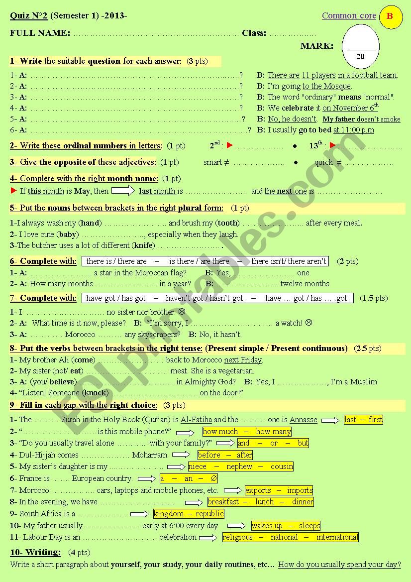 A superfine test or Quiz for elementary students - Version 