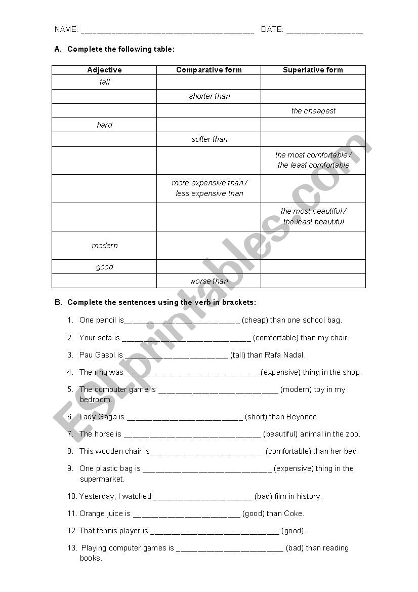 Comparative and Superlative worksheet