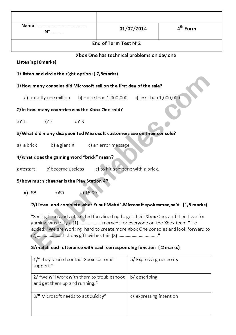 mid-term test 2 /4th form worksheet