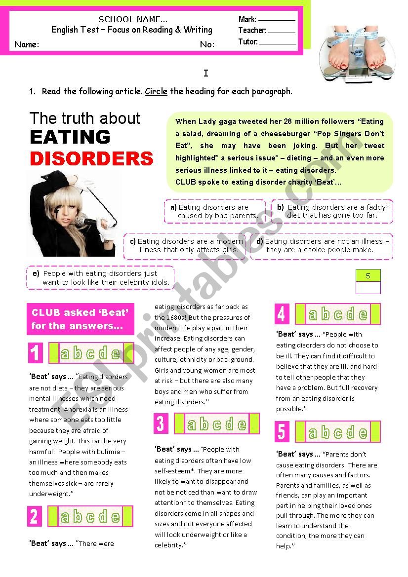 The truth about eating disorders - reading & writing test for 9 graders