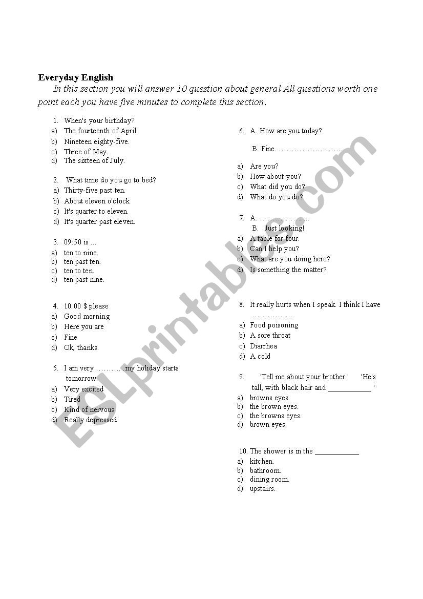 Intermediate Test worksheet