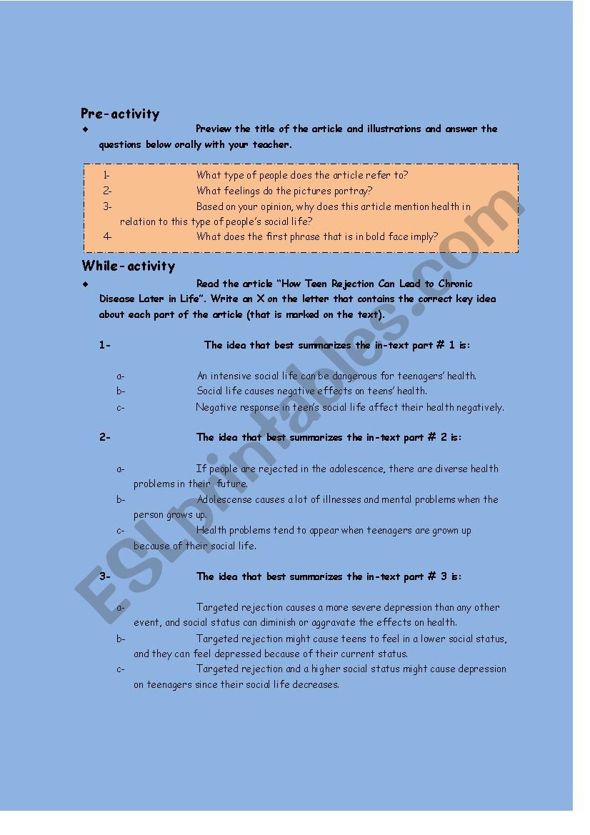 Reading about bullying (PRE-, WHILE, AND POST ACTIVITIES)