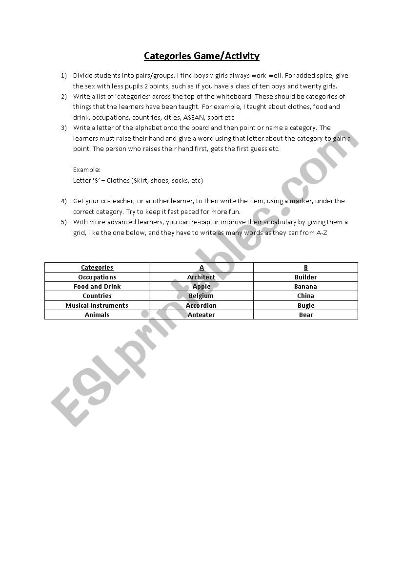 Categories Activity/Game worksheet