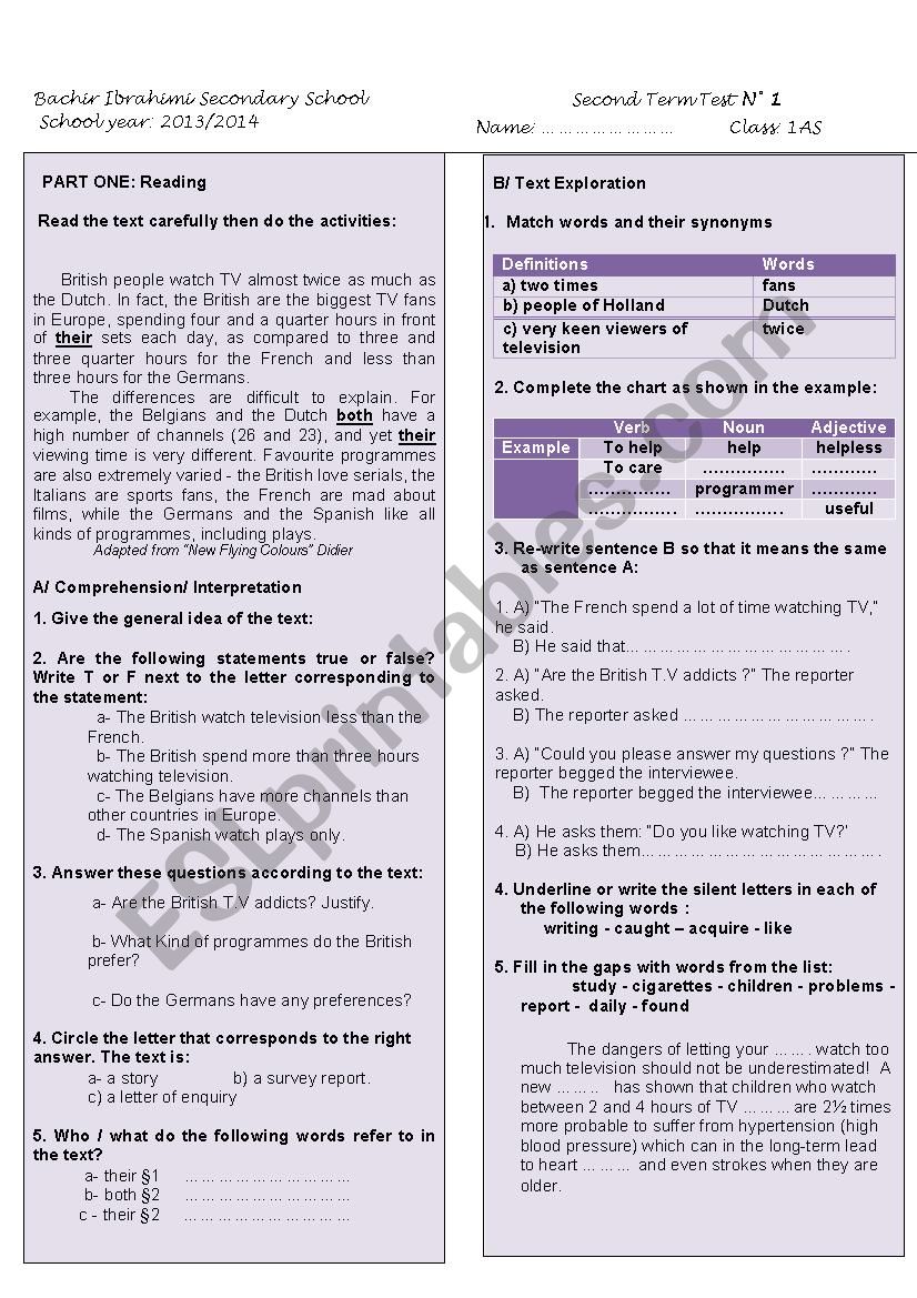 TV watching report worksheet