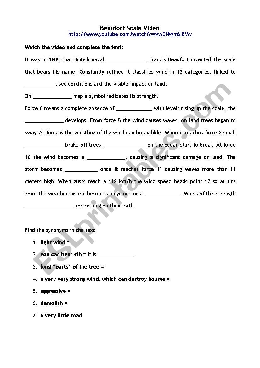 Beaufort Scale Youtube video worksheet