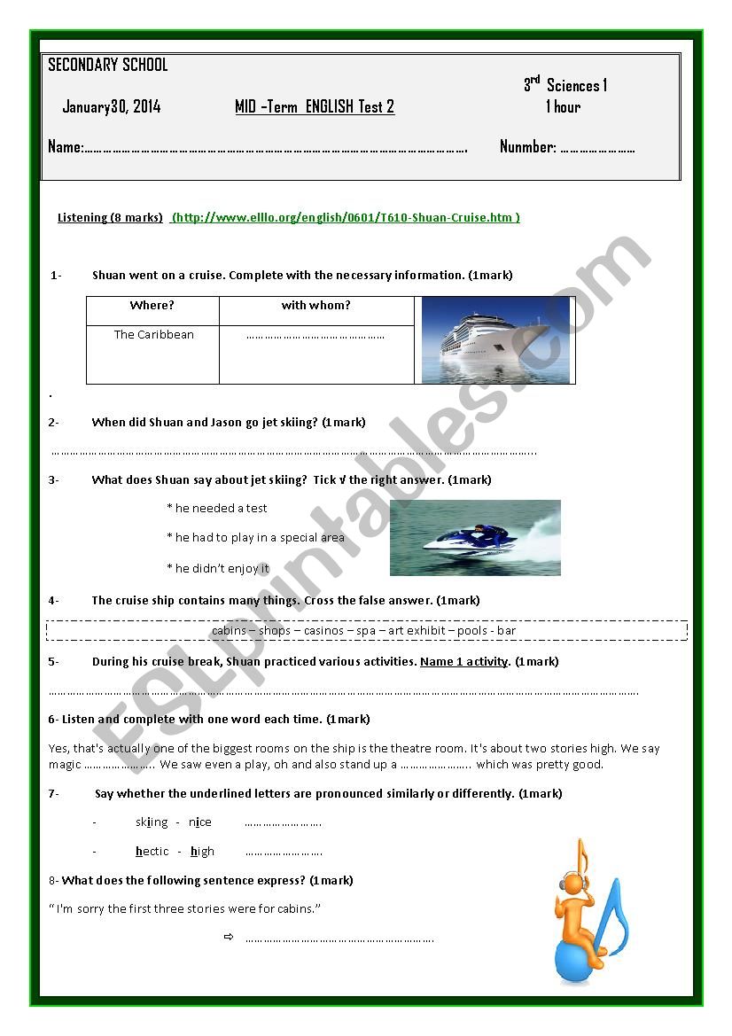 Mid - term test 2 third form  worksheet