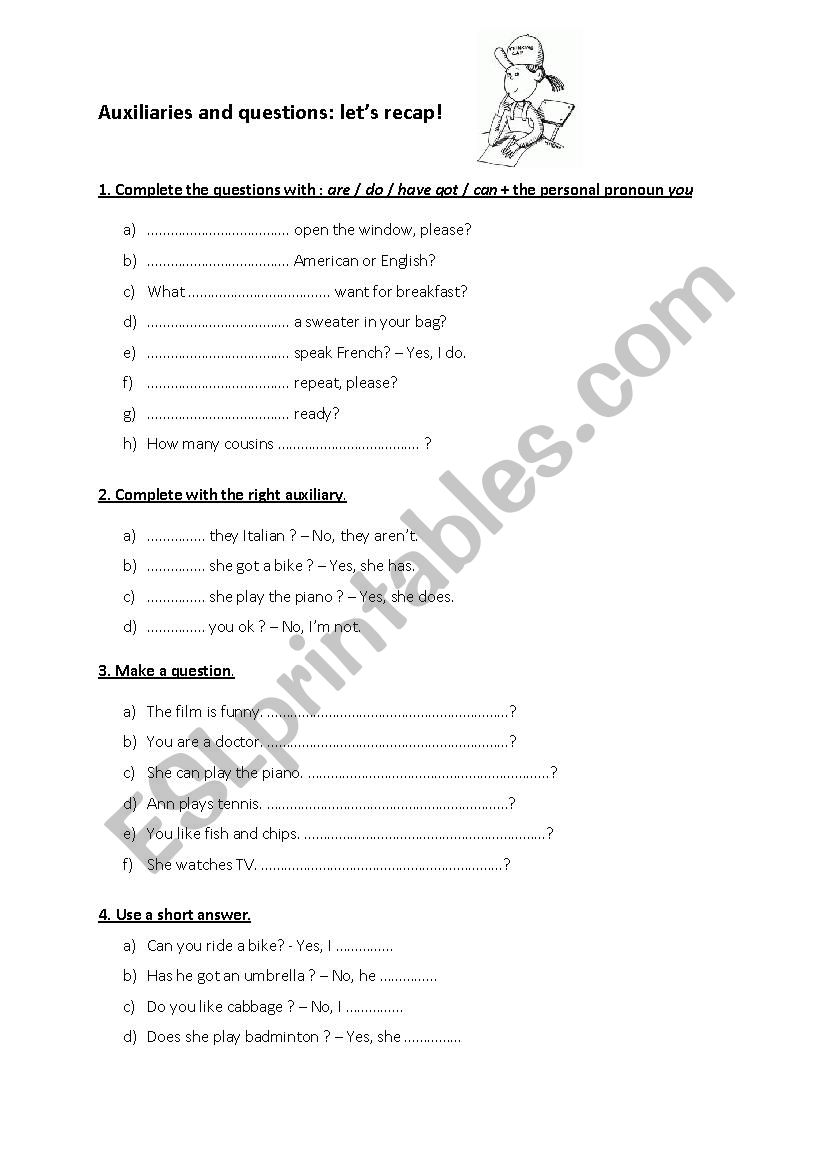 Auxiliaries and questions worksheet for English learners