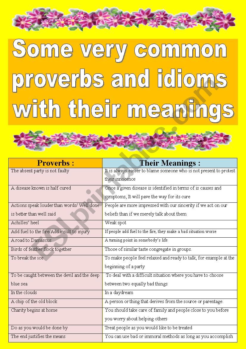 Very common proverbs and sayings with their meanings! So practical as warm-up speaking activity (and oral discussions)