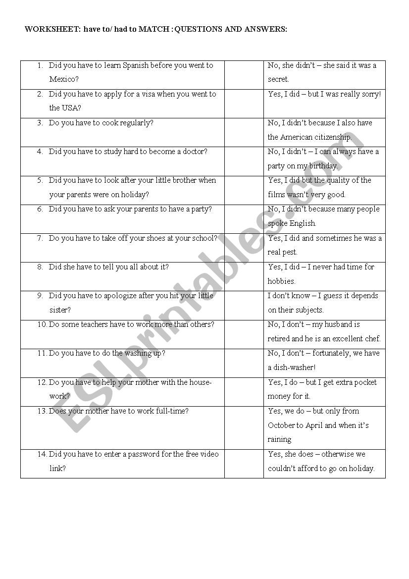 HAVE TO HAD TO Match Questions Answers ACTIVITY