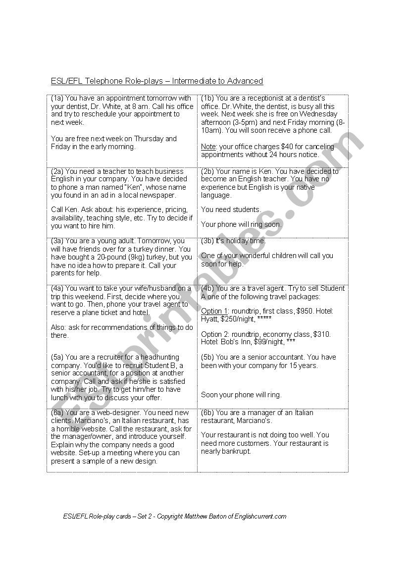 Telephoning ESL Role-Plays Activities Worksheets Games