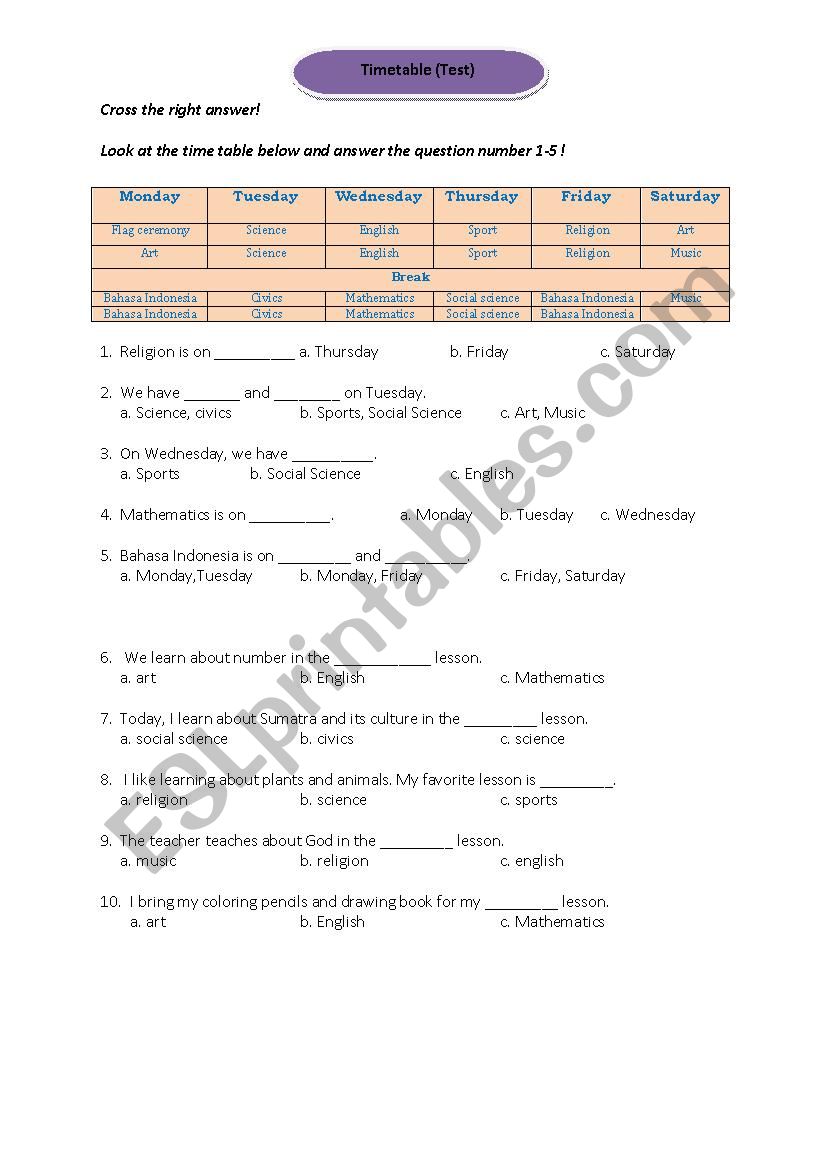 Timetable worksheet