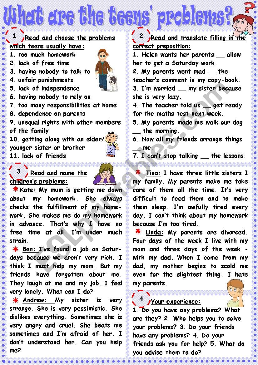 What are the teens problems? worksheet
