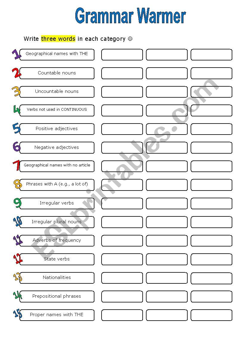 Grammar Warmer worksheet