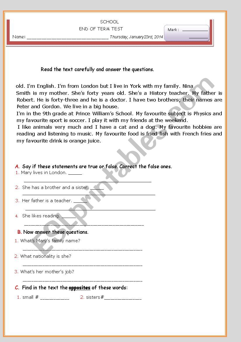 End of term test worksheet