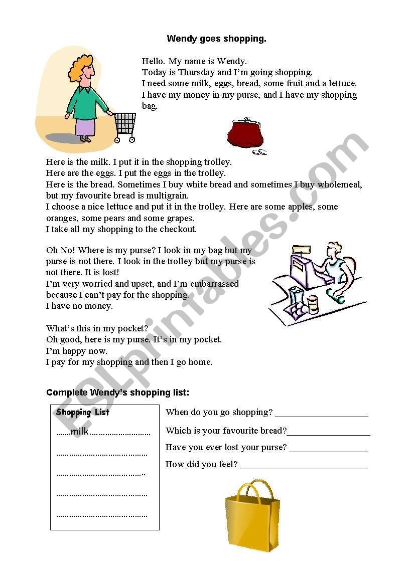 Wendy goes shopping worksheet