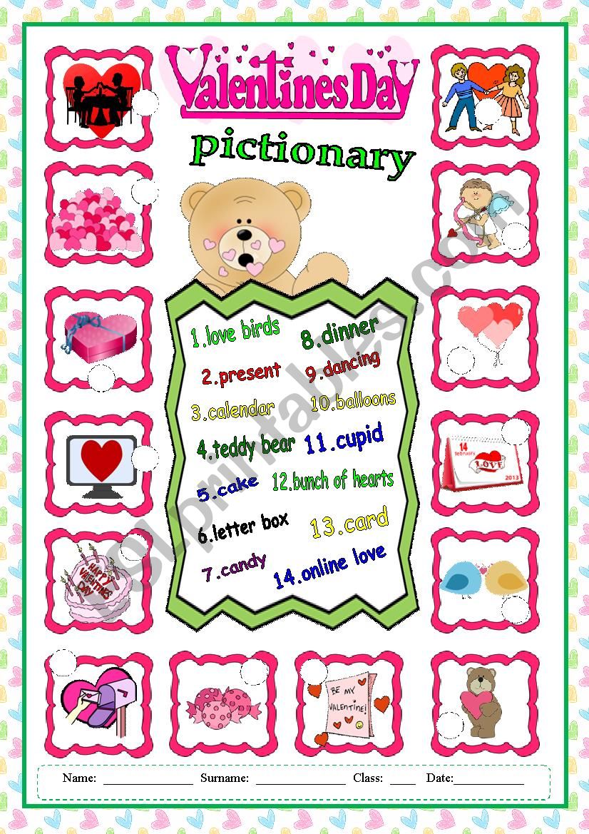 Happy Valentines pictionary worksheet