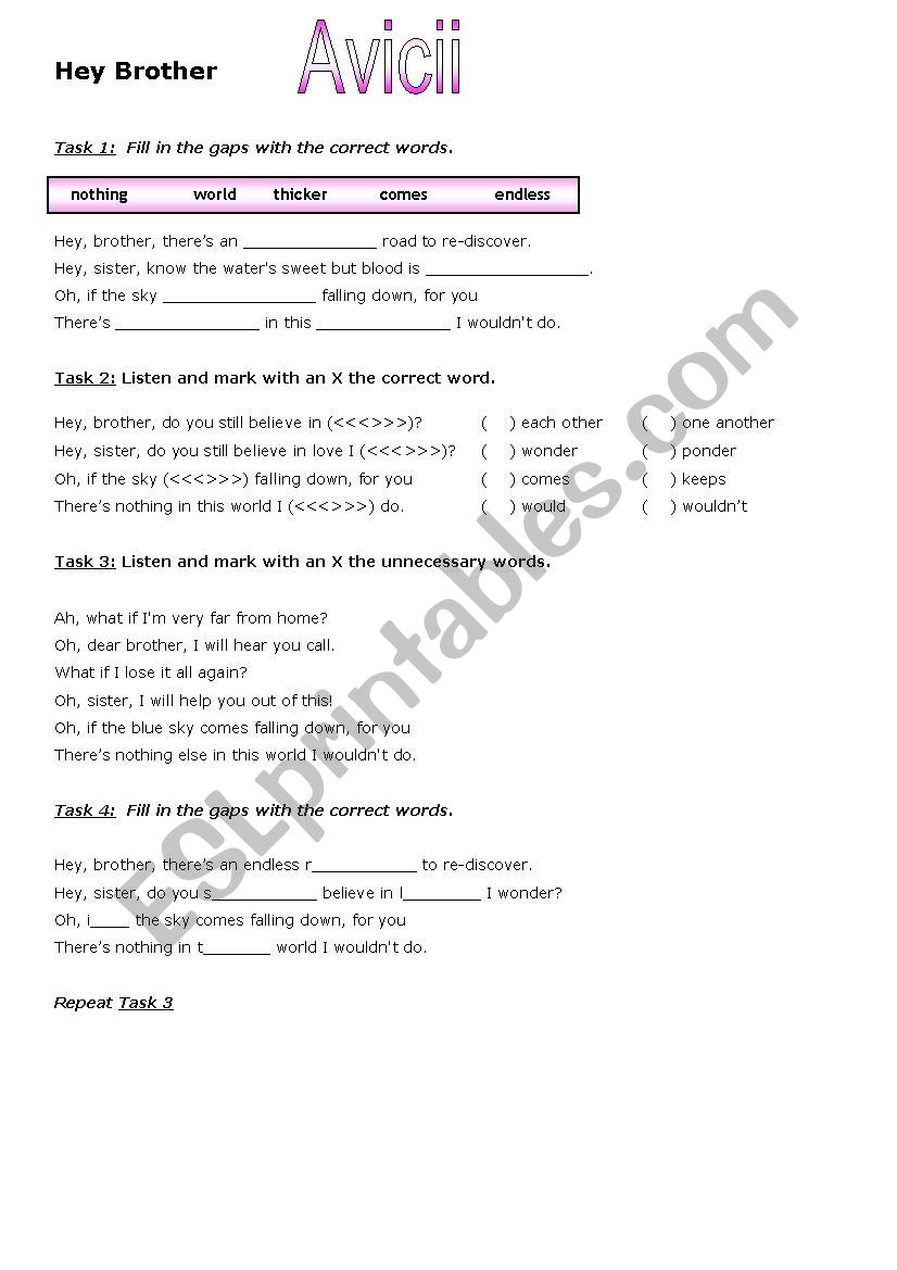 Hey, brother by Avicii worksheet