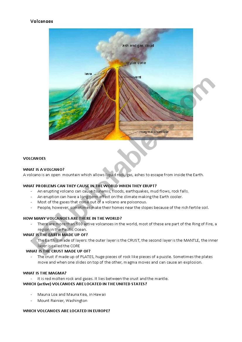 Volcanoes worksheet