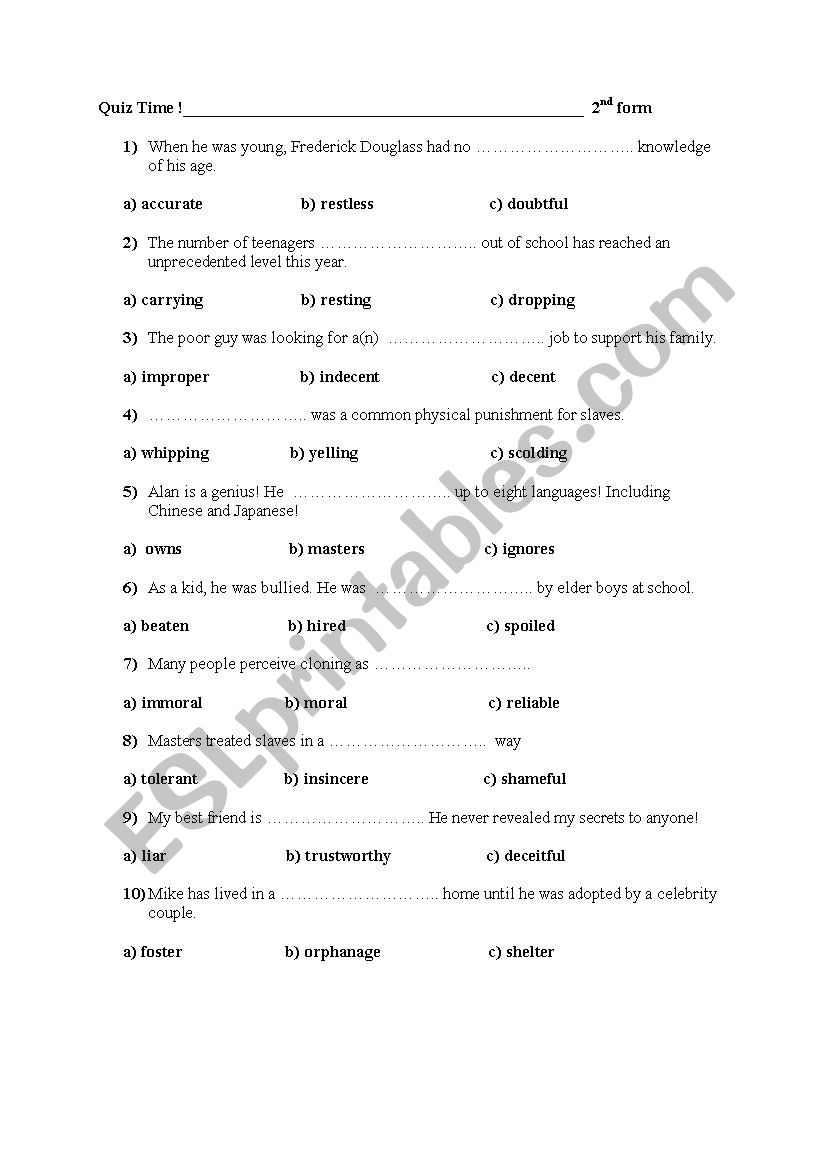 Quiz for 2nd formers worksheet