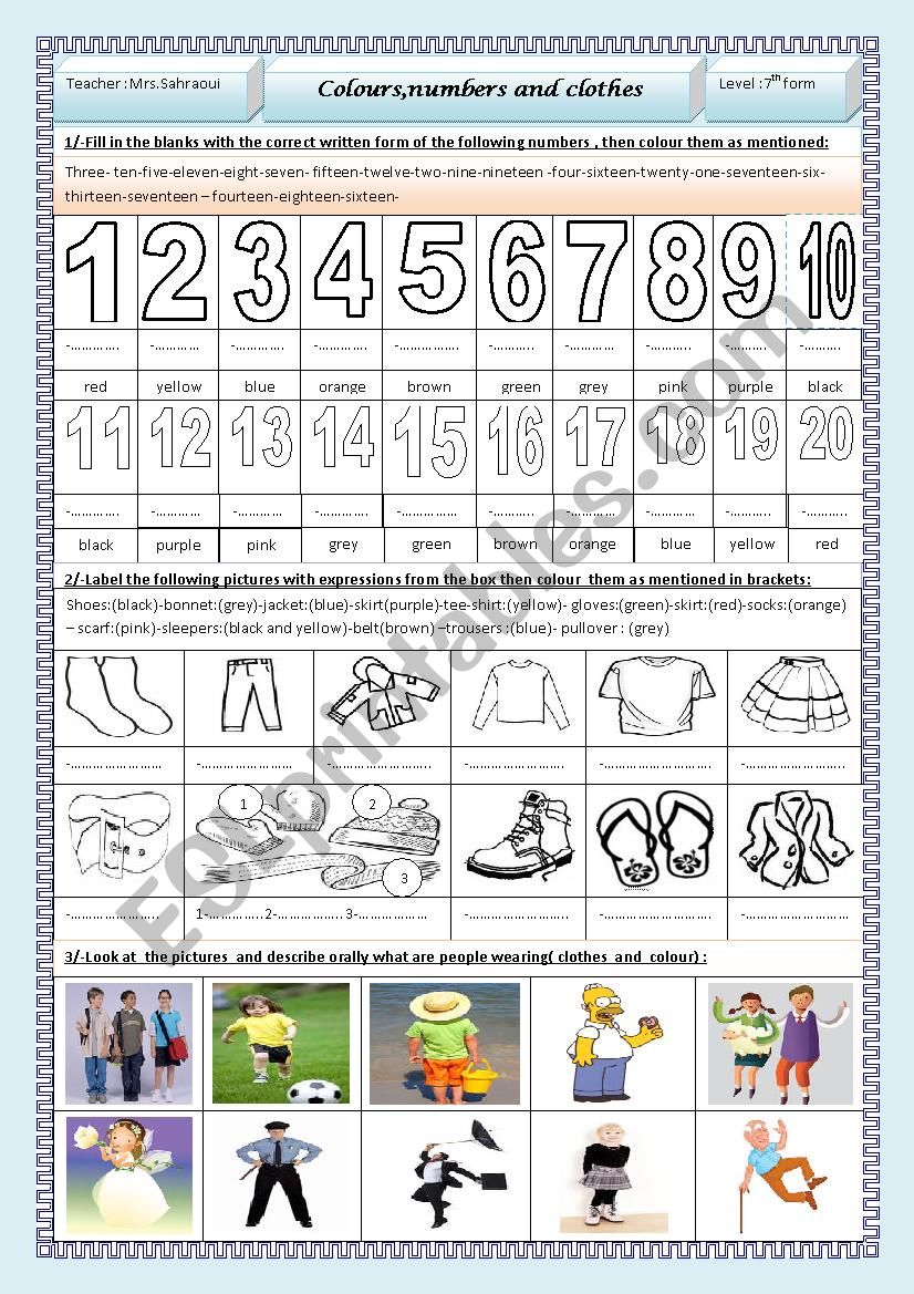 Colours,numbers and clothes worksheet