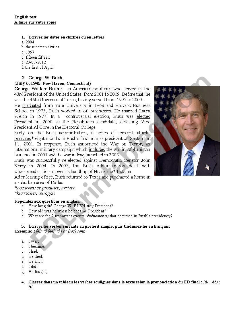 George W Bush in simple past worksheet