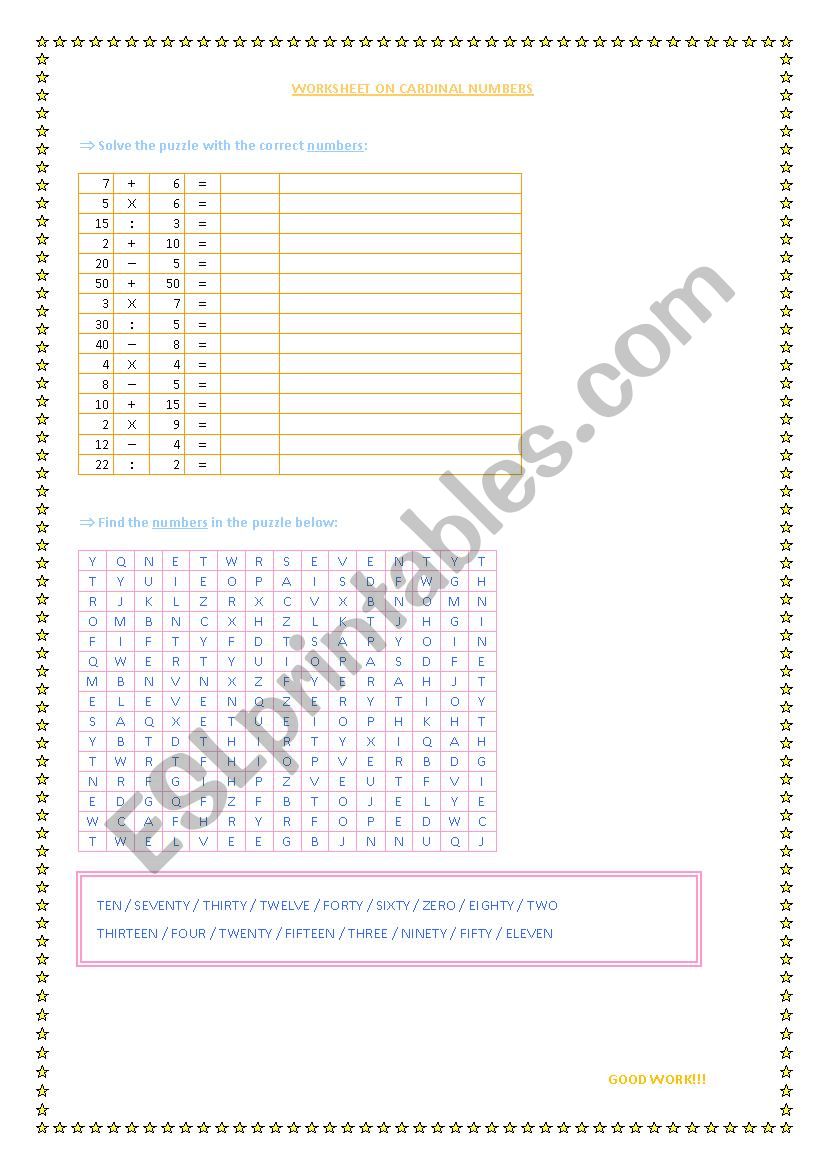 Cardinal numbers worksheet