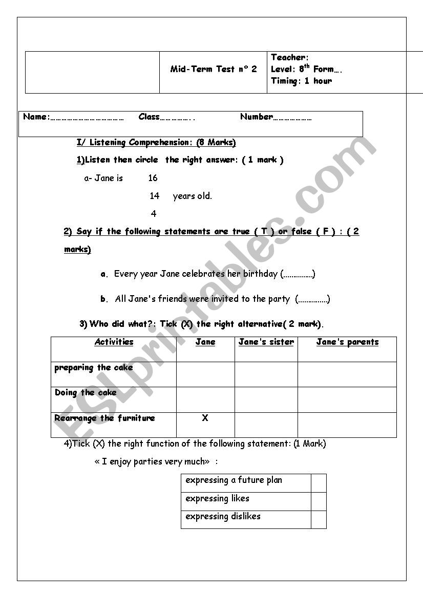 mid term test n 2 8th formers worksheet