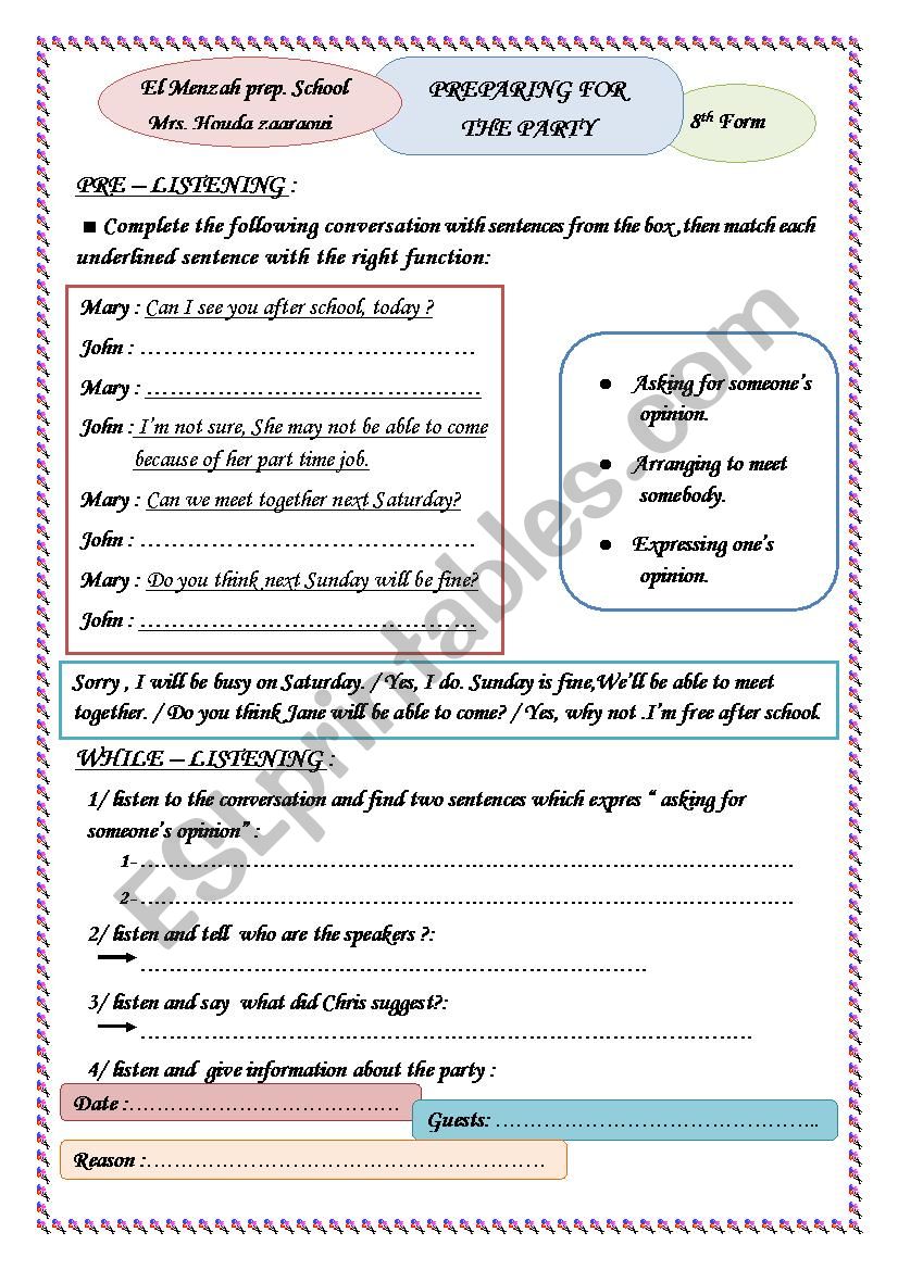 preparing for the party worksheet