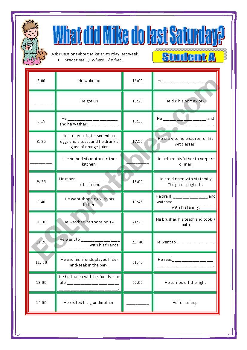 Past Simple Mikes Saturday worksheet