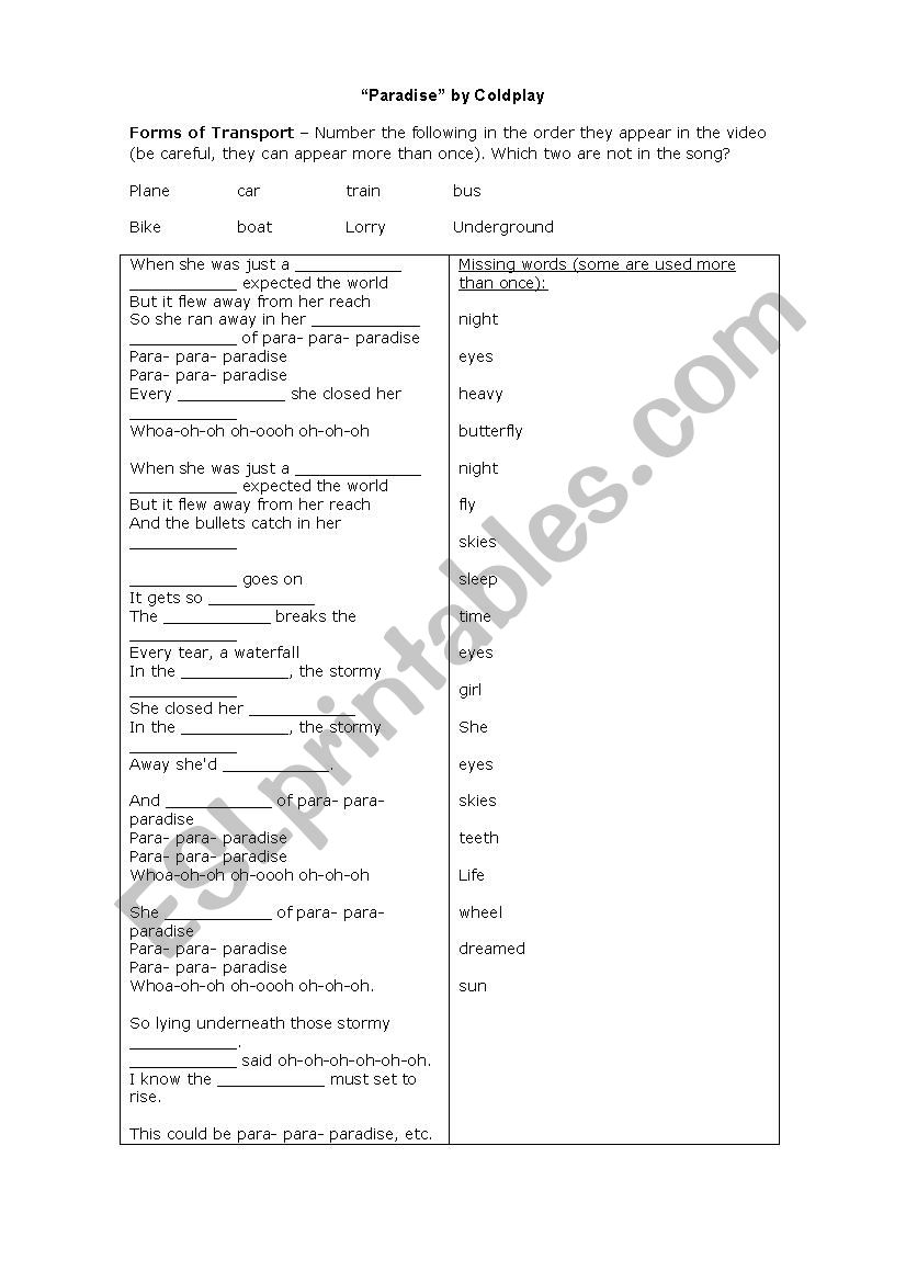 coldplay song worksheet