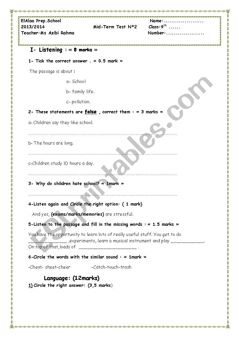 MID TERM TEST 2 worksheet