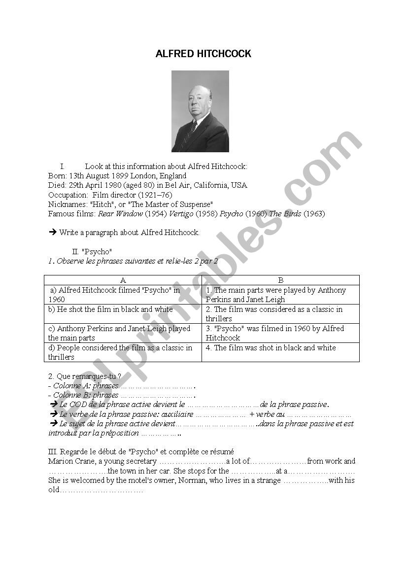 Alfred Hitchcock Worksheet  worksheet