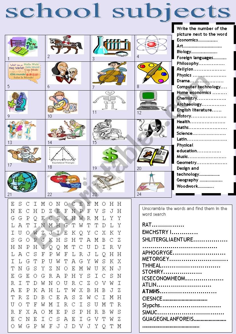 school subjects worksheet