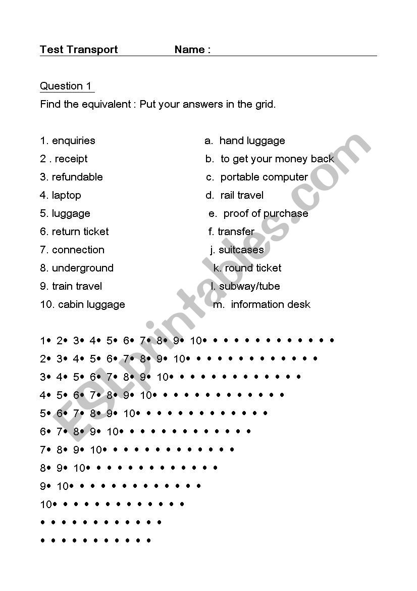 Test Transport worksheet