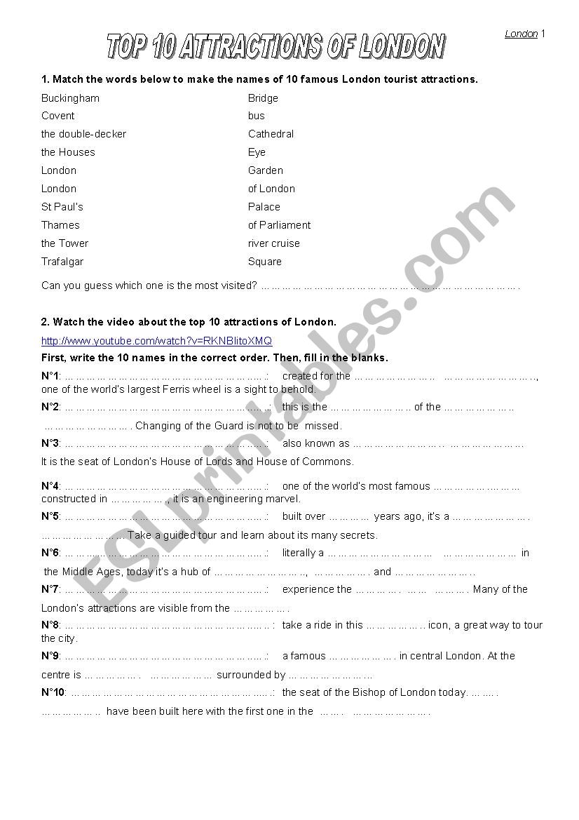 London attractions worksheet