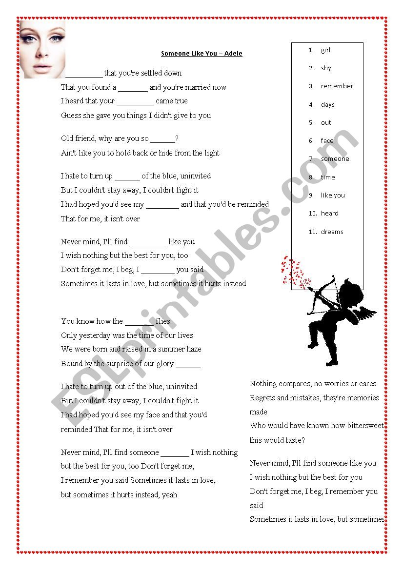 Someone Like You â€“ Adele worksheet