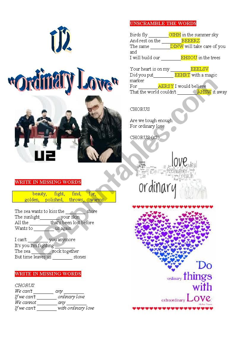U2 ORDINARY LOVE worksheet