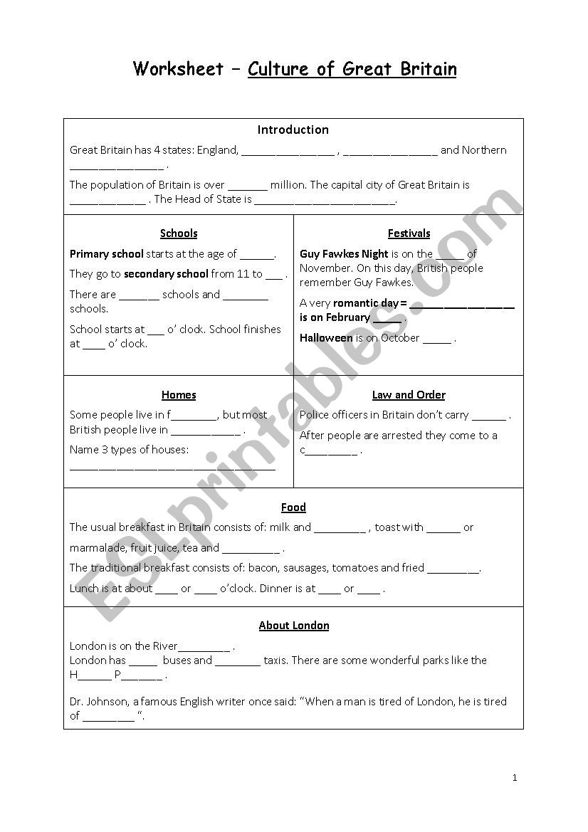 British culture worksheet