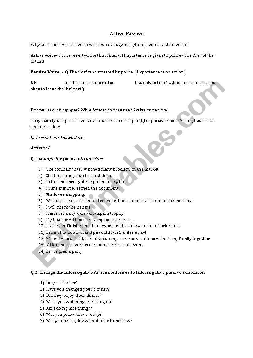 Active passive Voice  worksheet