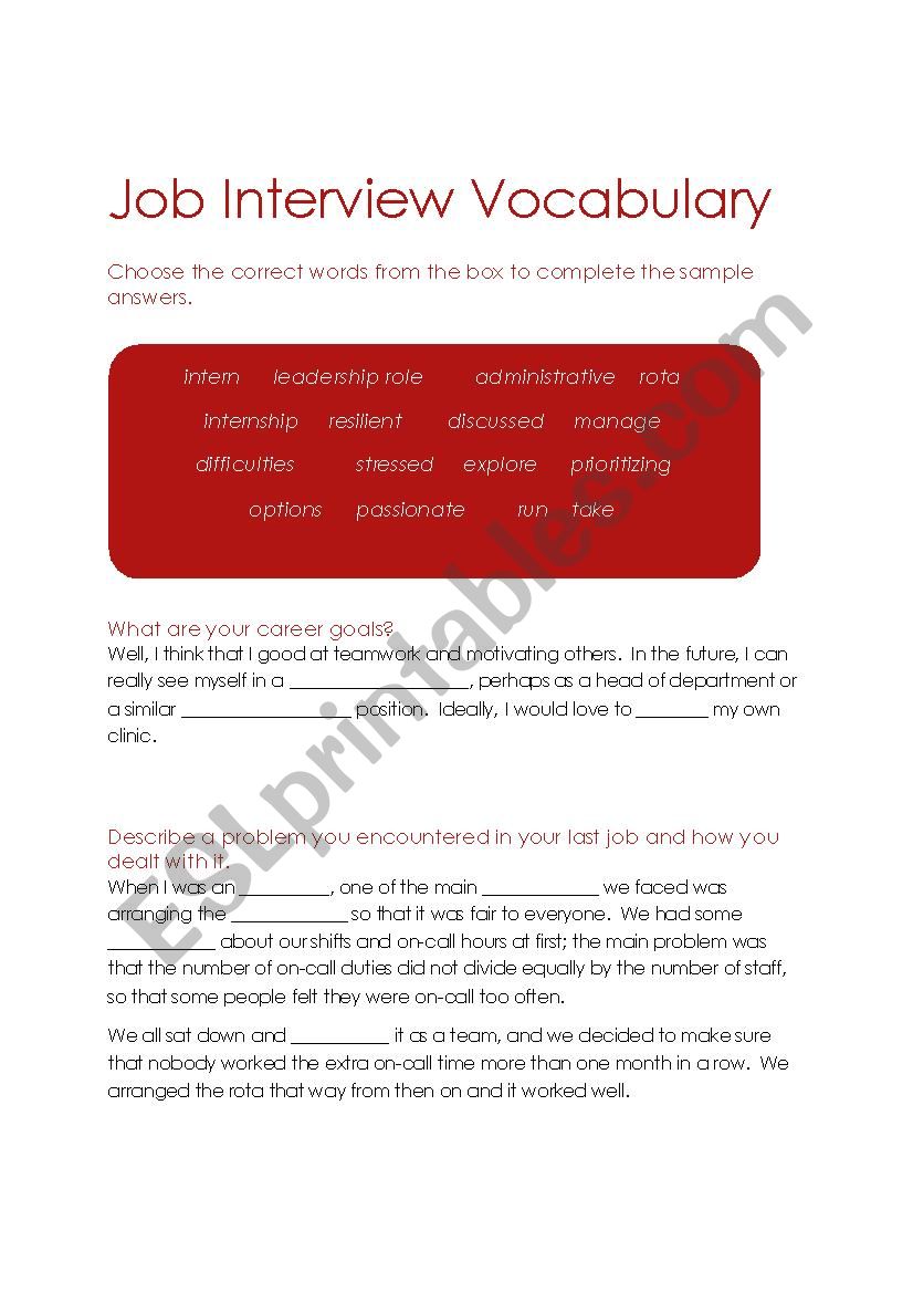 Job Interview Vocabulary worksheet