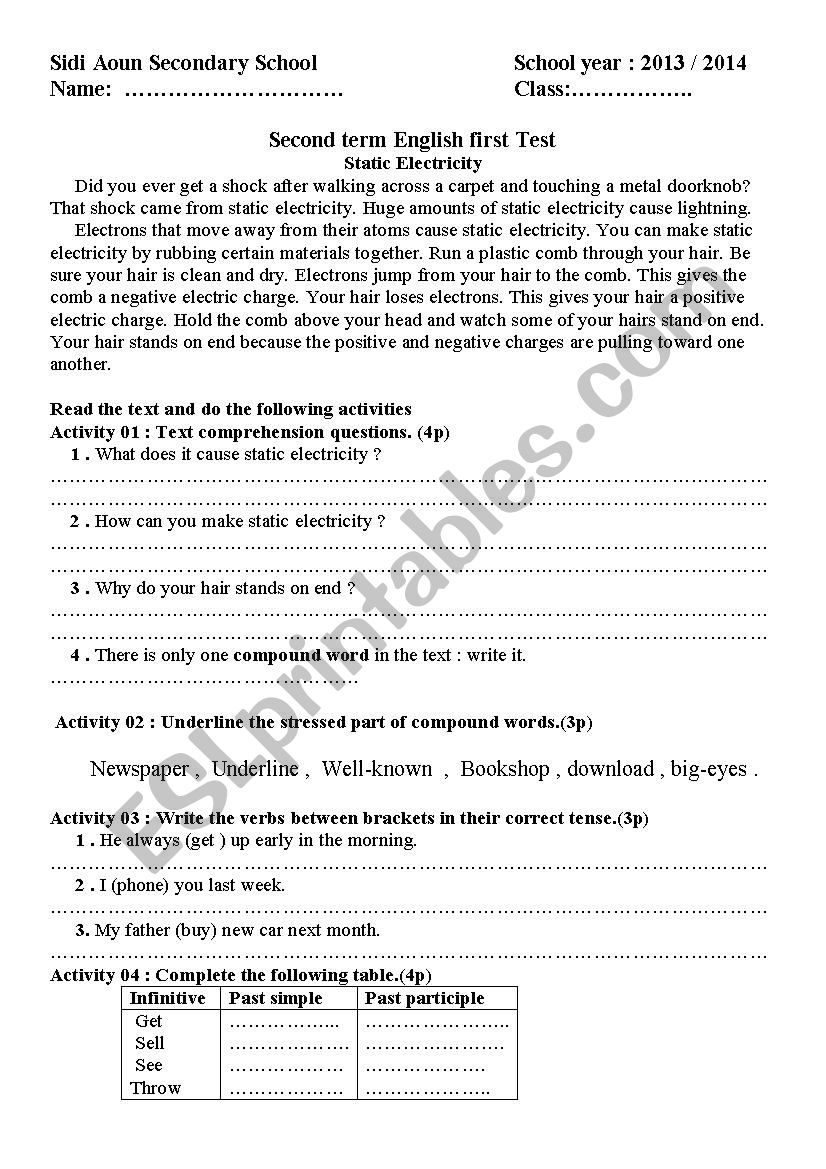 English test for 1st year worksheet